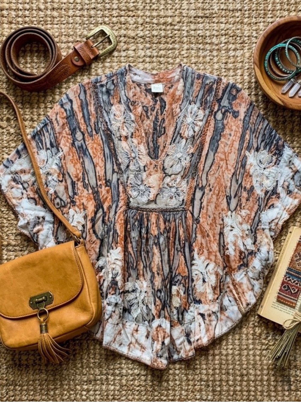 KIRAT Boho Embroidered Kaftan Blouse Tie Dye Batik Floral Poncho Top